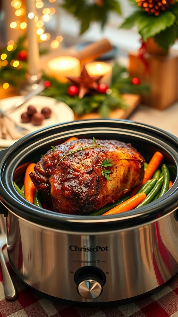 Crockpot Christmas Dinner Ideas Crockpot Christmas dinner with roast and vegetables, decorated for the holiday.
